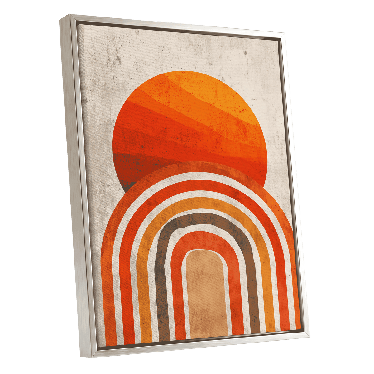 Retro Sunset Arches: framed canvas wall art featuring a retro-style orange sun and striped rainbow design on a textured off-white background, shown at an angle with a silver frame.