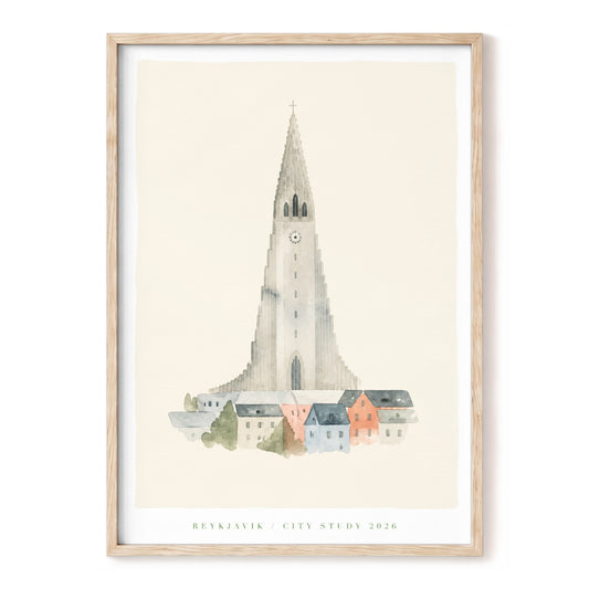 Reykjavik Spire, beige, gray, orange minimalist wall art, front artwork view