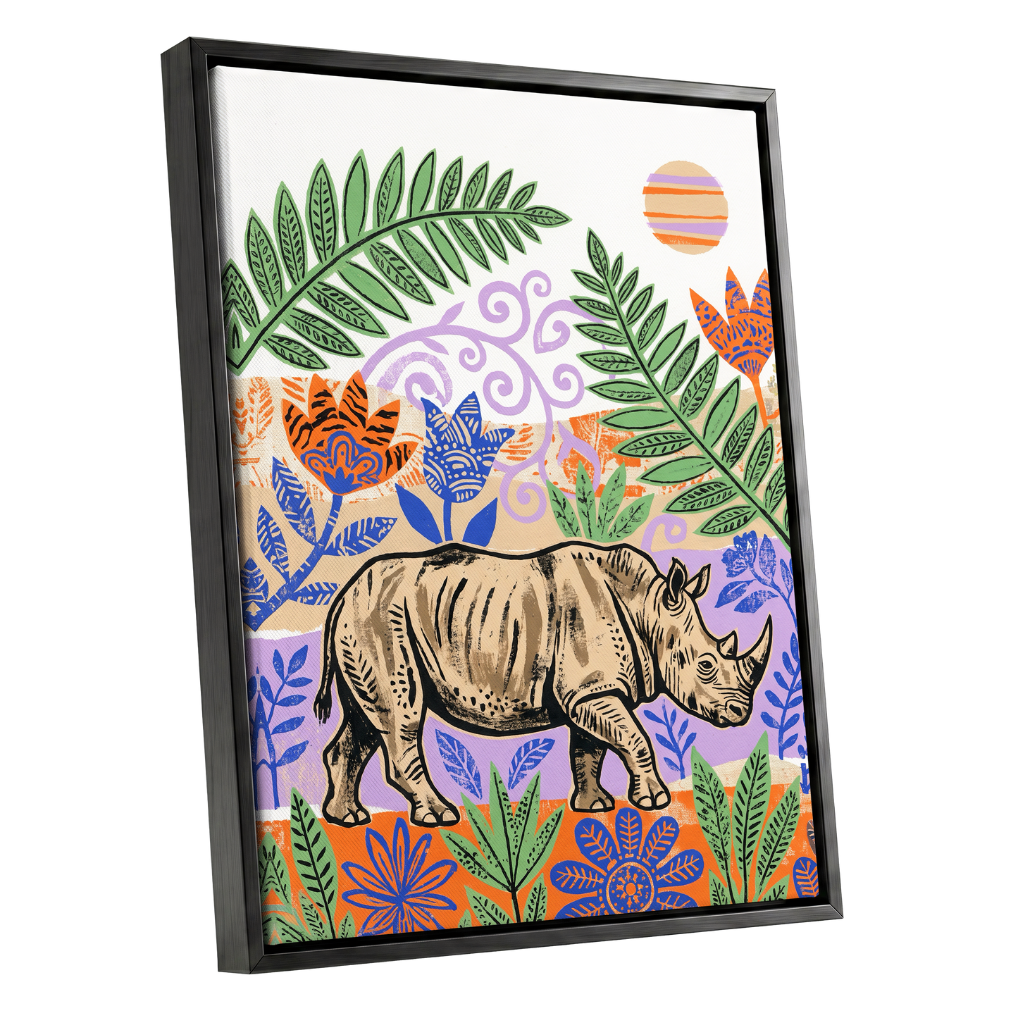Rhino in a Wild Garden, beige, green, purple nature wall art shown as a black framed canvas wall art