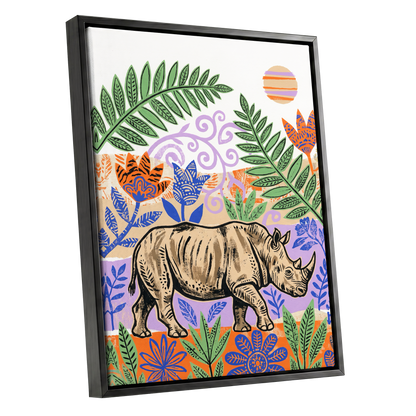 Rhino in a Wild Garden, beige, green, purple nature wall art shown as a black framed canvas wall art