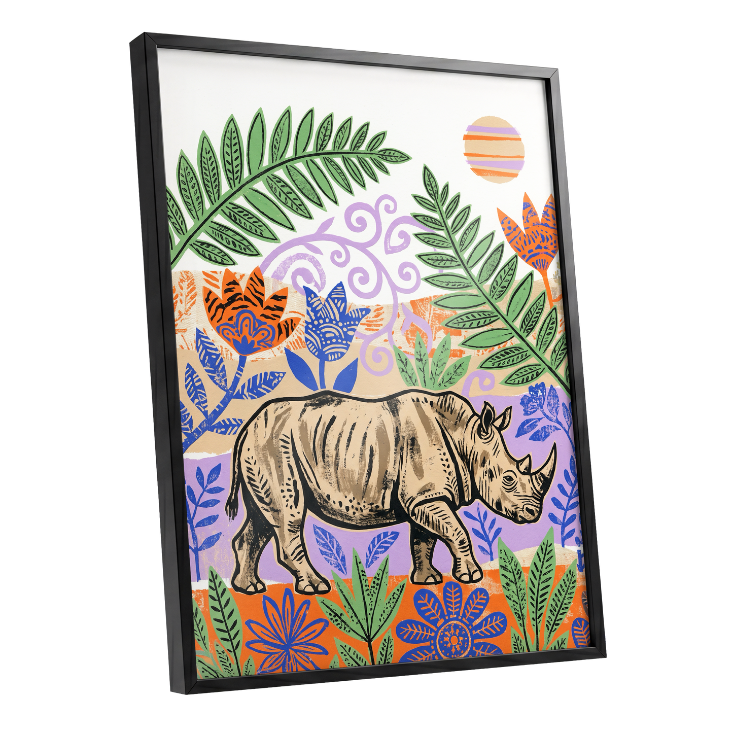 Rhino in a Wild Garden, beige, green, purple nature wall art shown as a black framed poster wall art print