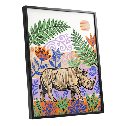 Rhino in a Wild Garden, beige, green, purple nature wall art shown as a black framed poster wall art print