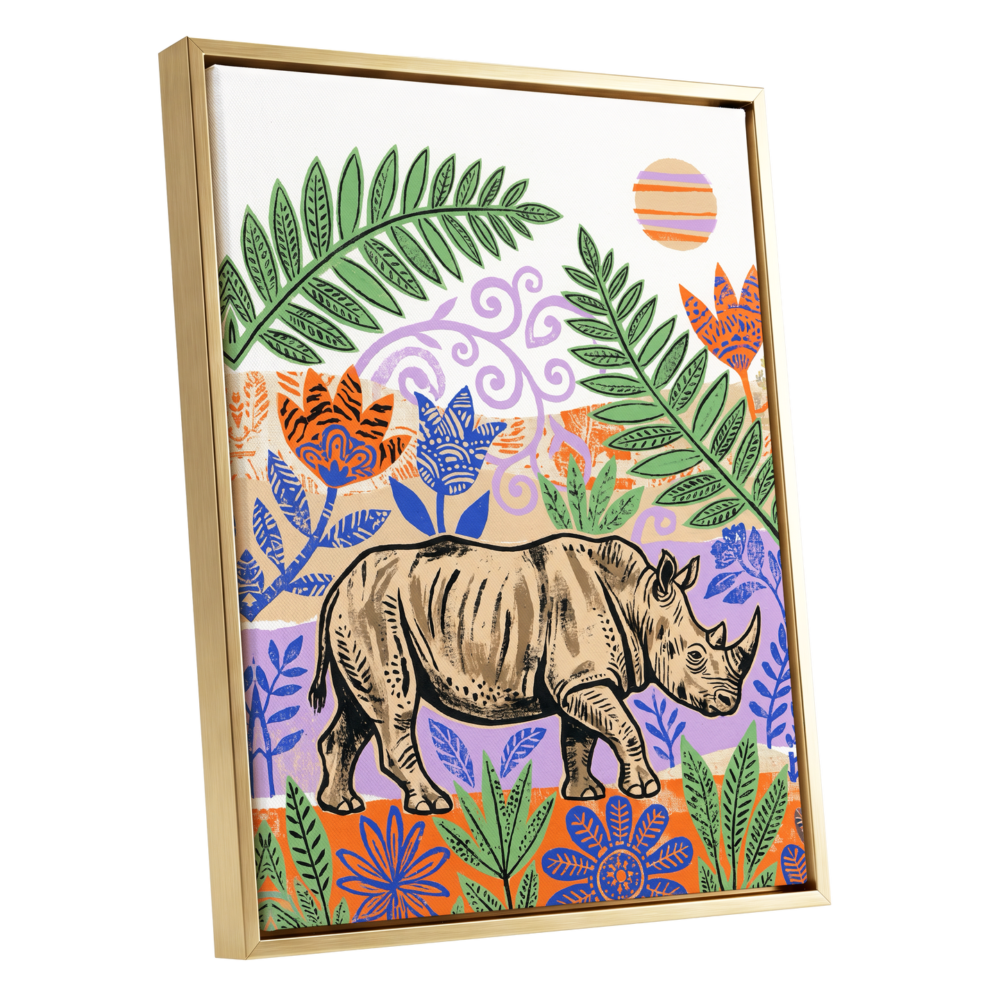 Rhino in a Wild Garden, beige, green, purple nature wall art shown as a gold framed canvas wall art