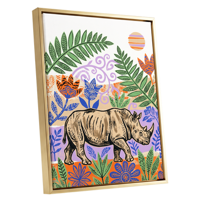 Rhino in a Wild Garden, beige, green, purple nature wall art shown as a gold framed canvas wall art