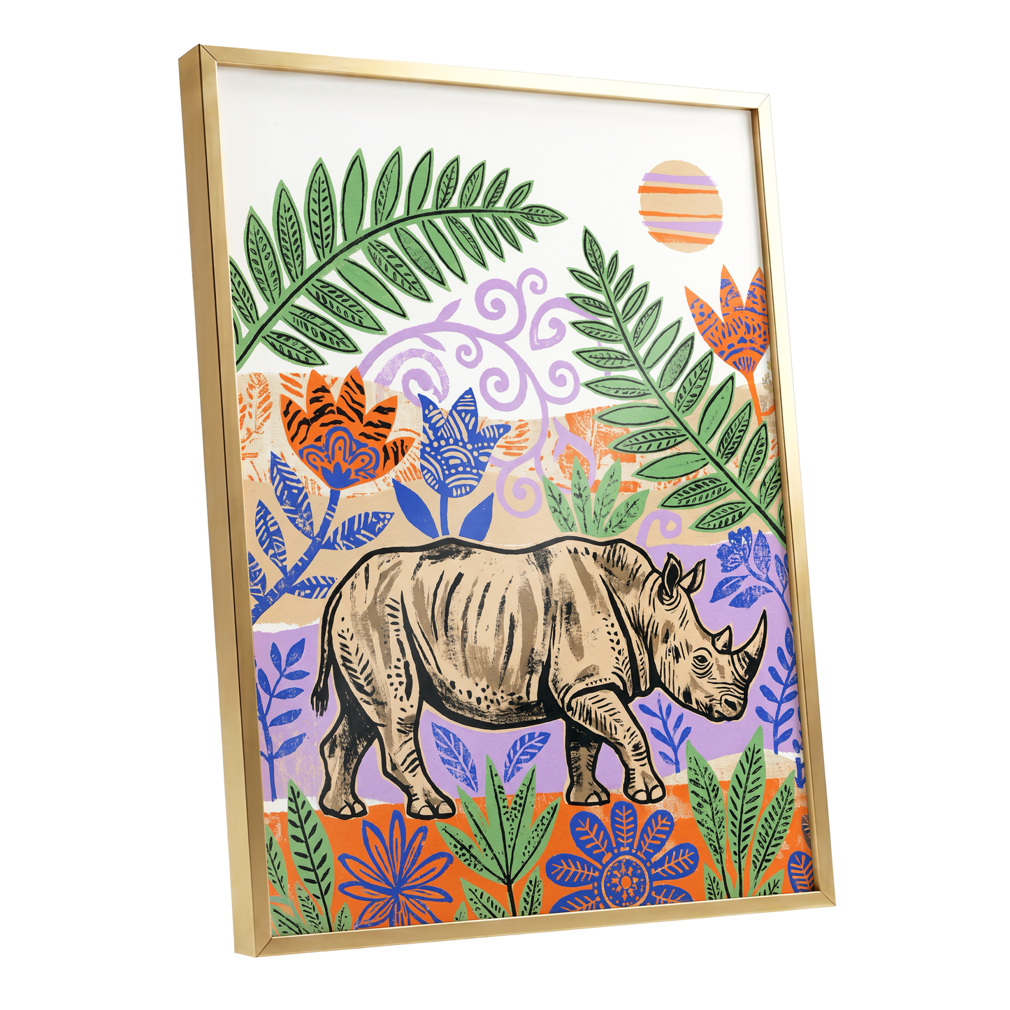 Rhino in a Wild Garden, beige, green, purple nature wall art shown as a gold framed poster wall art print