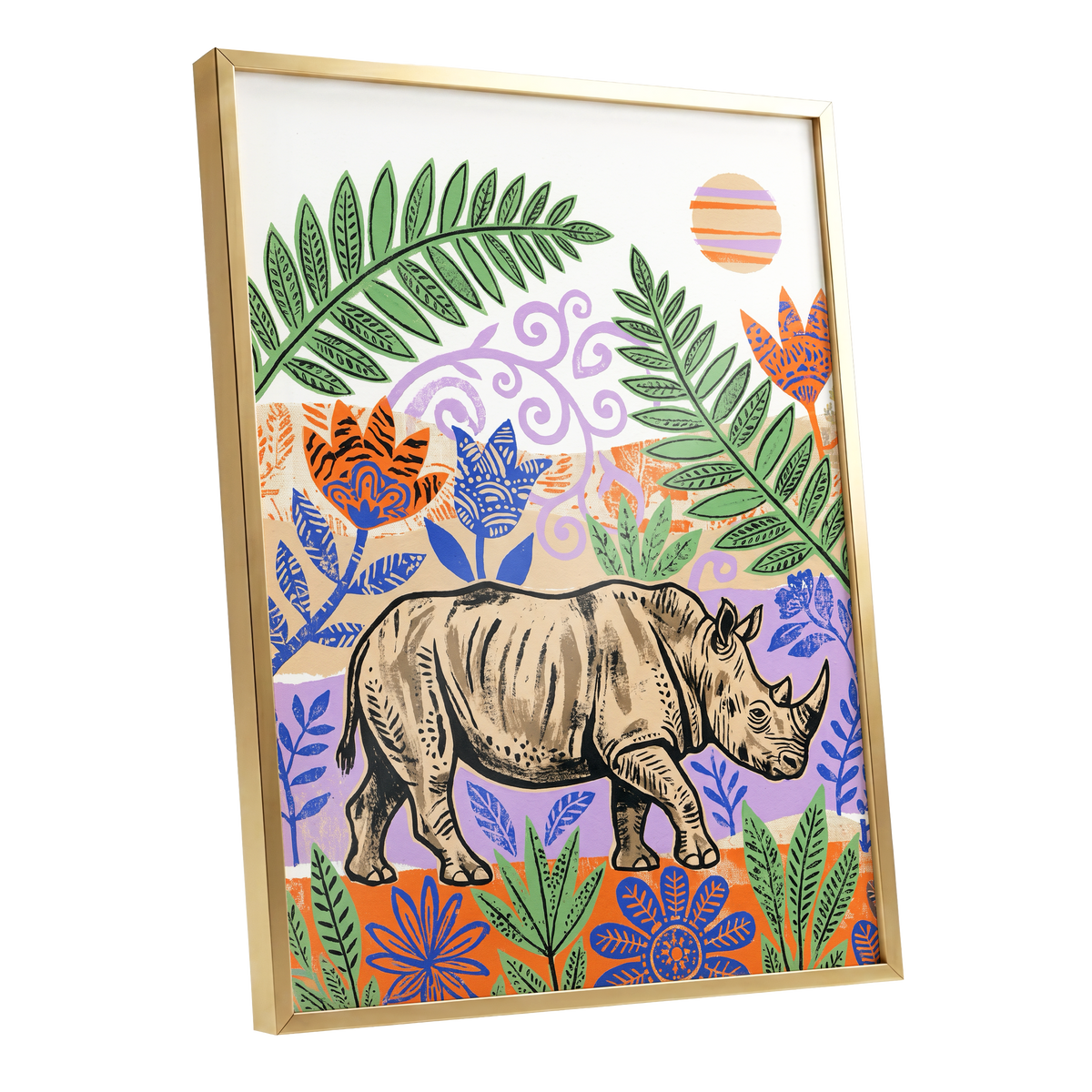 Rhino in a Wild Garden, beige, green, purple nature wall art shown as a gold framed poster wall art print
