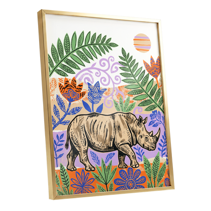Rhino in a Wild Garden, beige, green, purple nature wall art shown as a gold framed poster wall art print