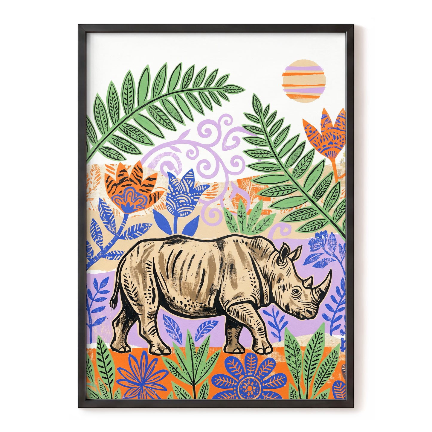 Rhino in a Wild Garden, beige, green, purple nature wall art, front artwork view