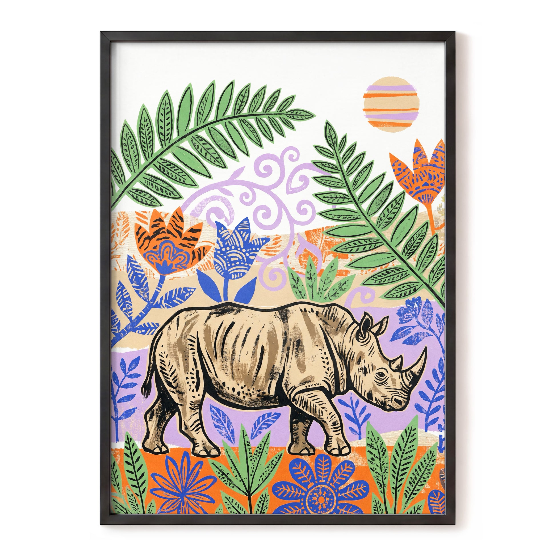 Rhino in a Wild Garden, beige, green, purple nature wall art, front artwork view