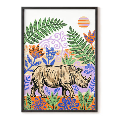 Rhino in a Wild Garden, beige, green, purple nature wall art, front artwork view