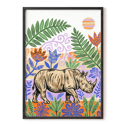 Rhino in a Wild Garden, beige, green, purple nature wall art, front artwork view