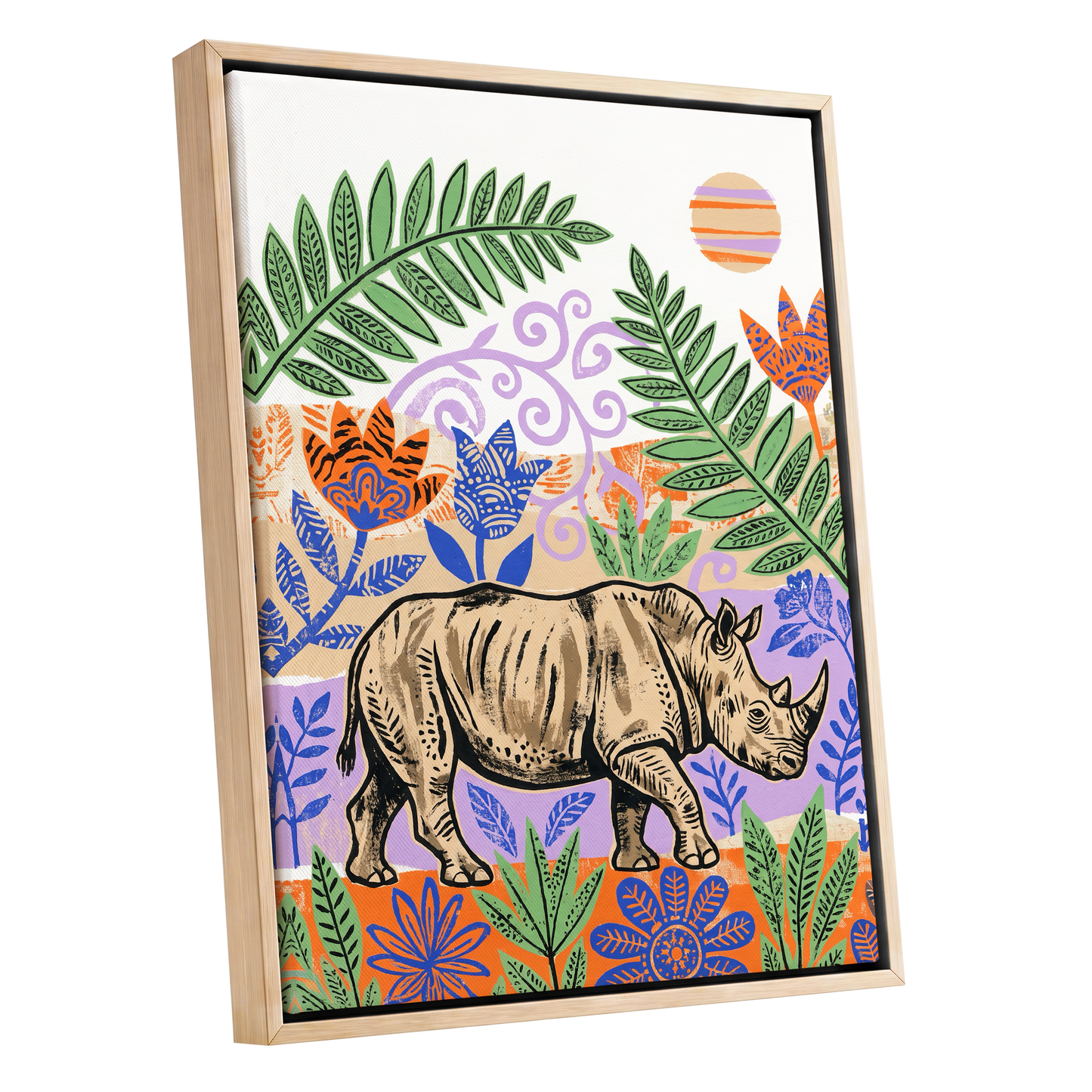 Rhino in a Wild Garden, beige, green, purple nature wall art shown as a oak framed canvas wall art