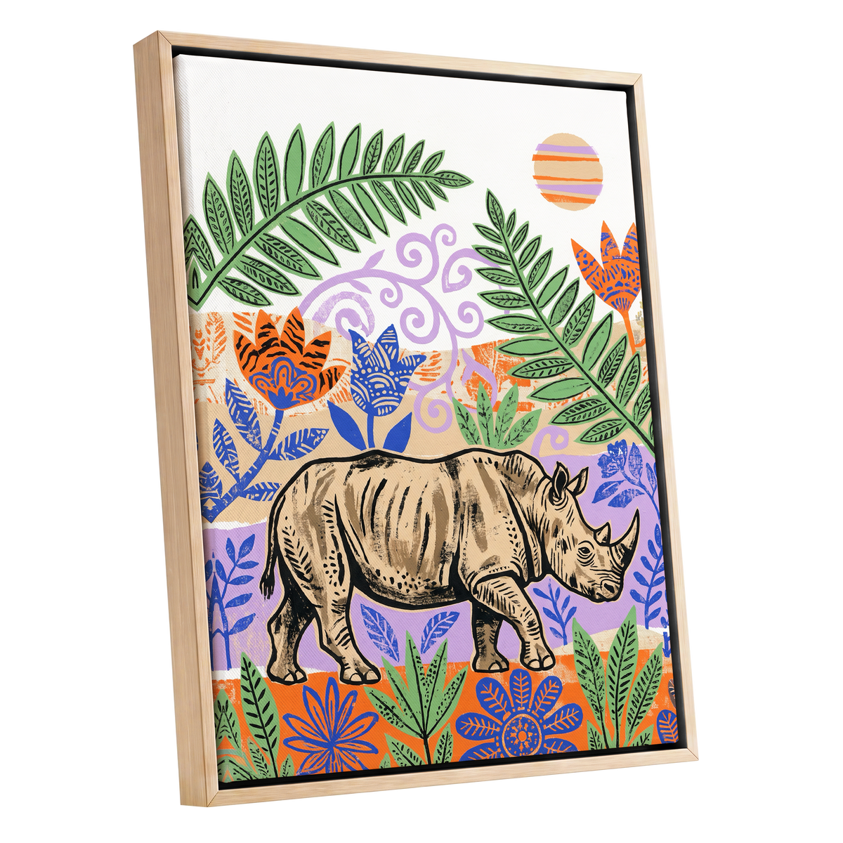 Rhino in a Wild Garden, beige, green, purple nature wall art shown as a oak framed canvas wall art