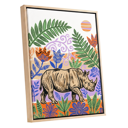 Rhino in a Wild Garden, beige, green, purple nature wall art shown as a oak framed canvas wall art