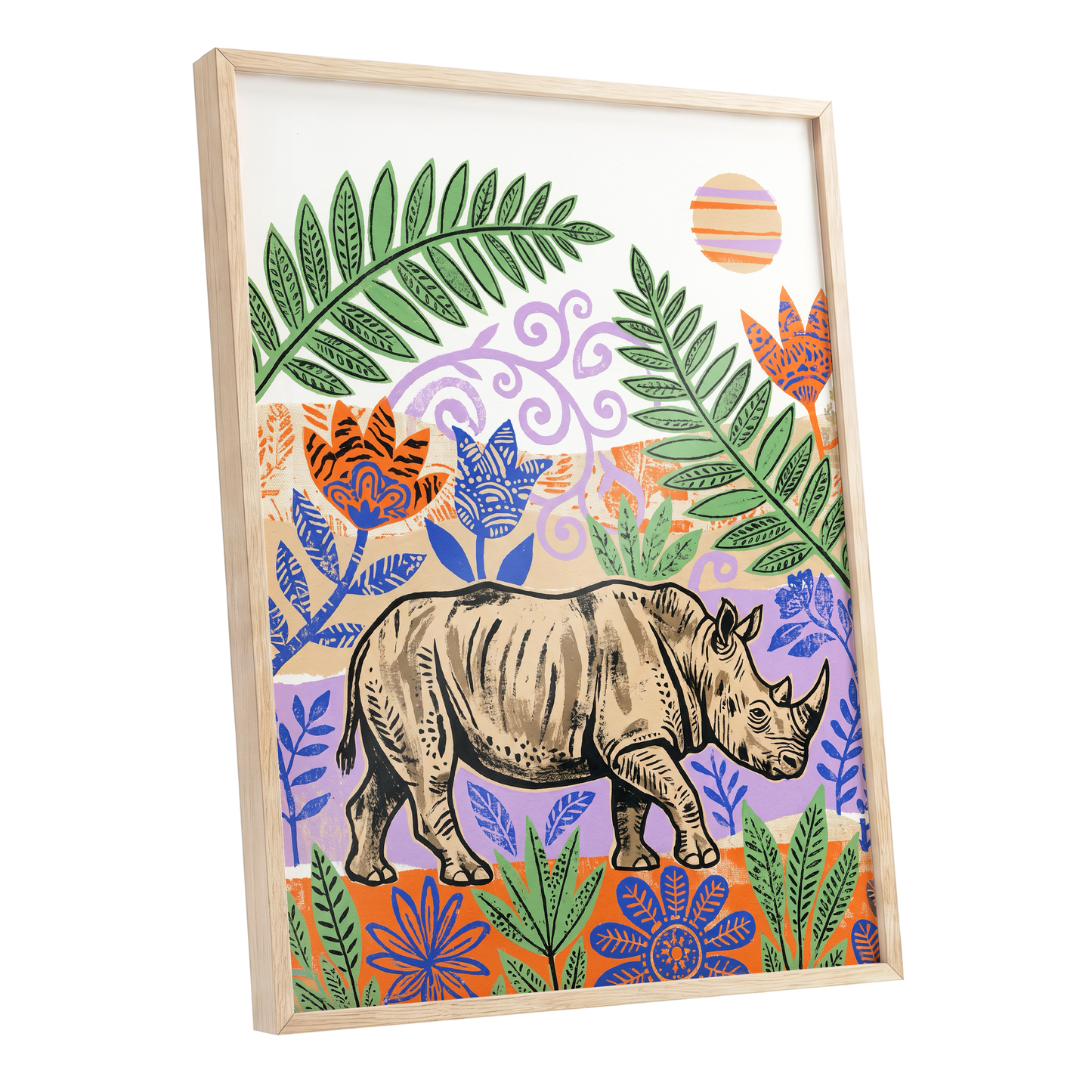 Rhino in a Wild Garden, beige, green, purple nature wall art shown as a oak framed poster wall art print