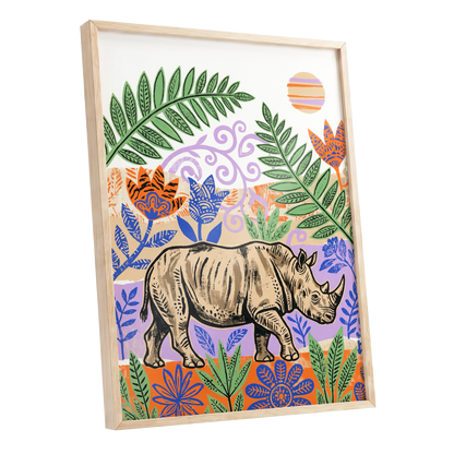 Rhino in a Wild Garden, beige, green, purple nature wall art shown as a oak framed poster wall art print