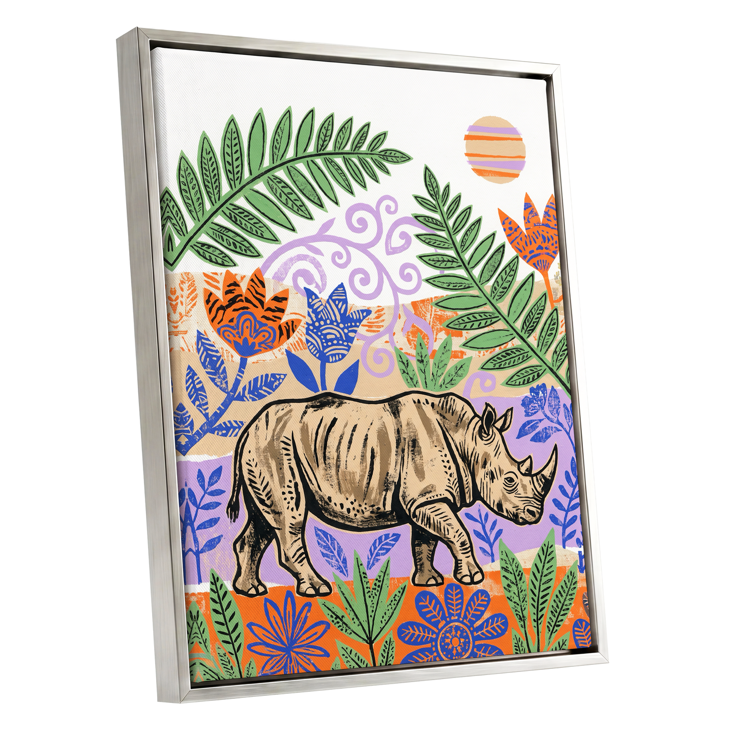 Rhino in a Wild Garden, beige, green, purple nature wall art shown as a silver framed canvas wall art