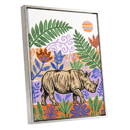 Rhino in a Wild Garden, beige, green, purple nature wall art shown as a silver framed canvas wall art