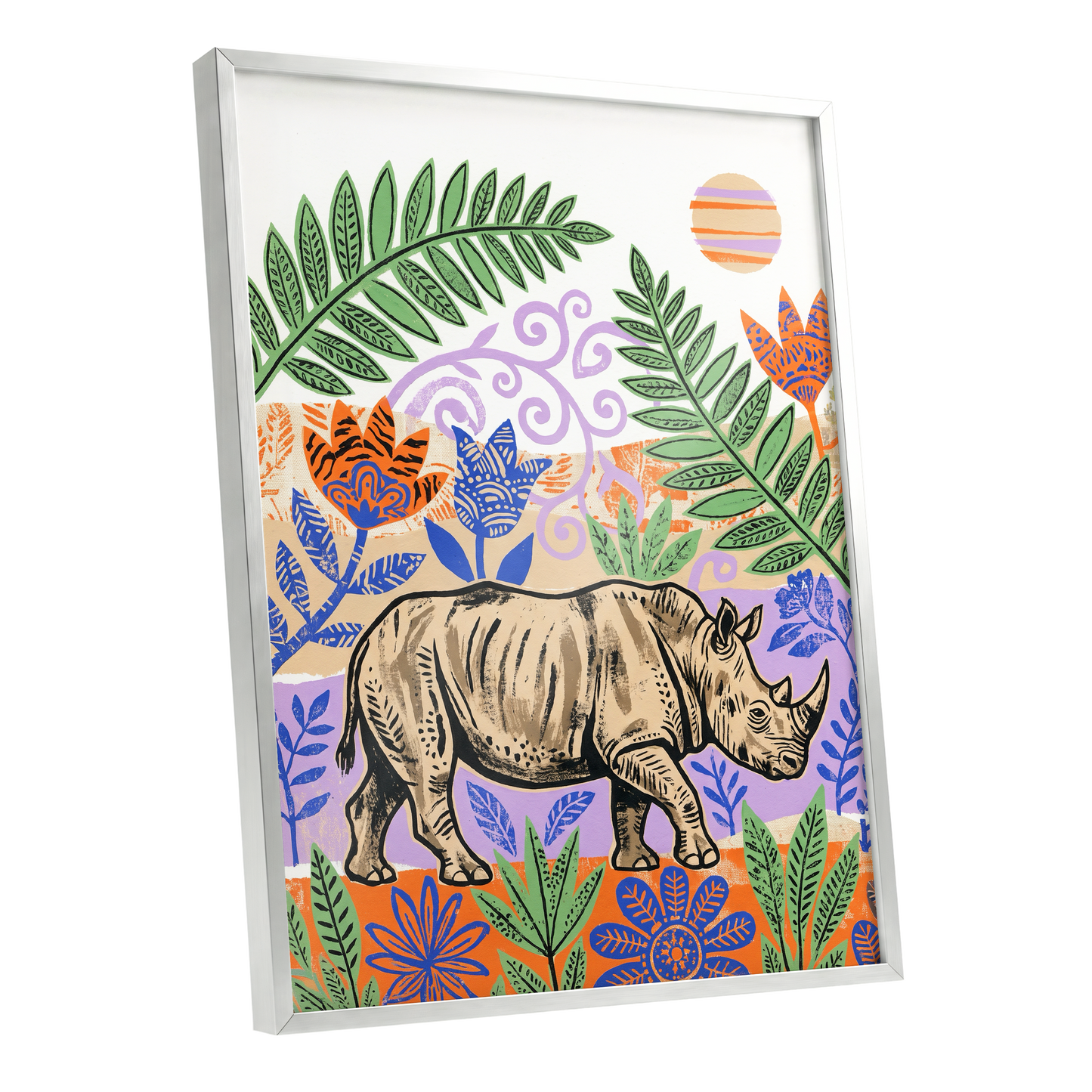 Rhino in a Wild Garden, beige, green, purple nature wall art shown as a silver framed poster wall art print