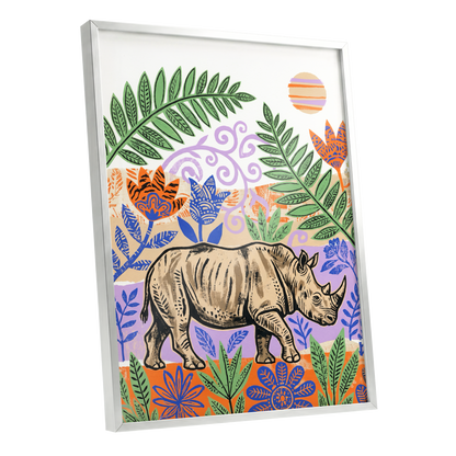 Rhino in a Wild Garden, beige, green, purple nature wall art shown as a silver framed poster wall art print