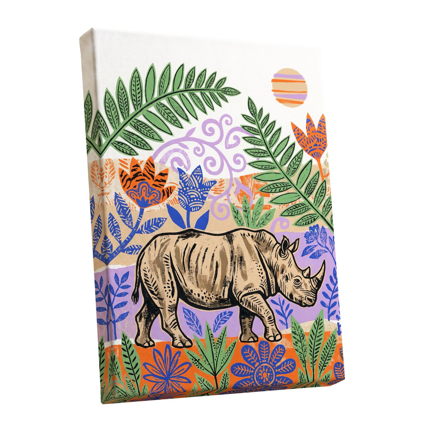 Rhino in a Wild Garden, beige, green, purple nature wall art shown as a stretched canvas wall art