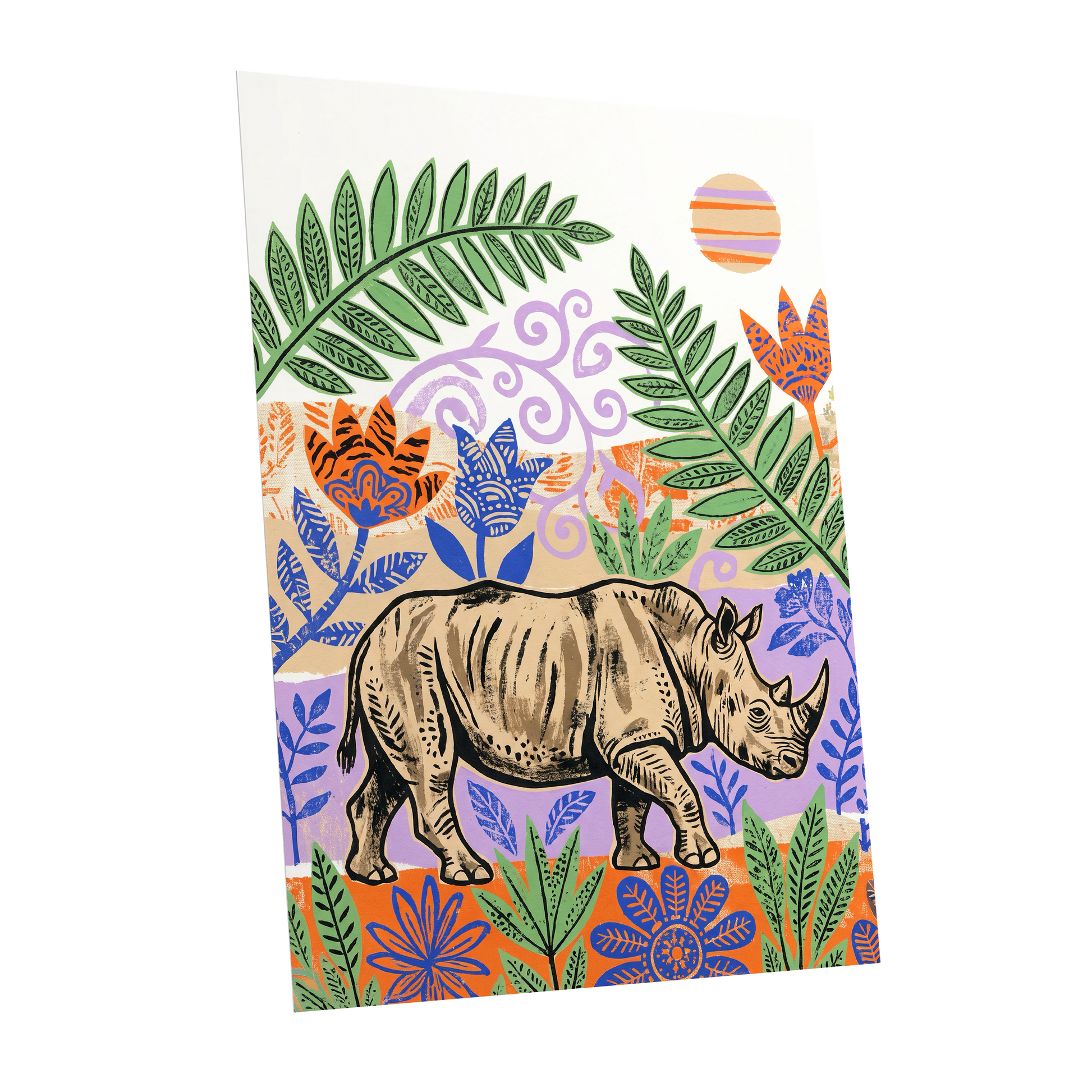 Rhino in a Wild Garden, beige, green, purple nature wall art shown as a unframed poster wall art print