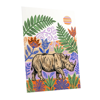 Rhino in a Wild Garden, beige, green, purple nature wall art shown as a unframed poster wall art print