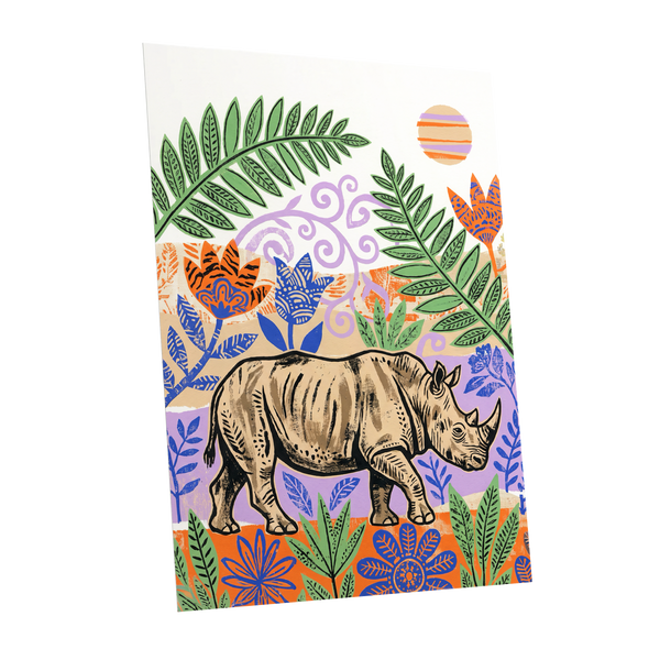 Rhino in a Wild Garden, beige, green, purple nature wall art shown as a unframed poster wall art print