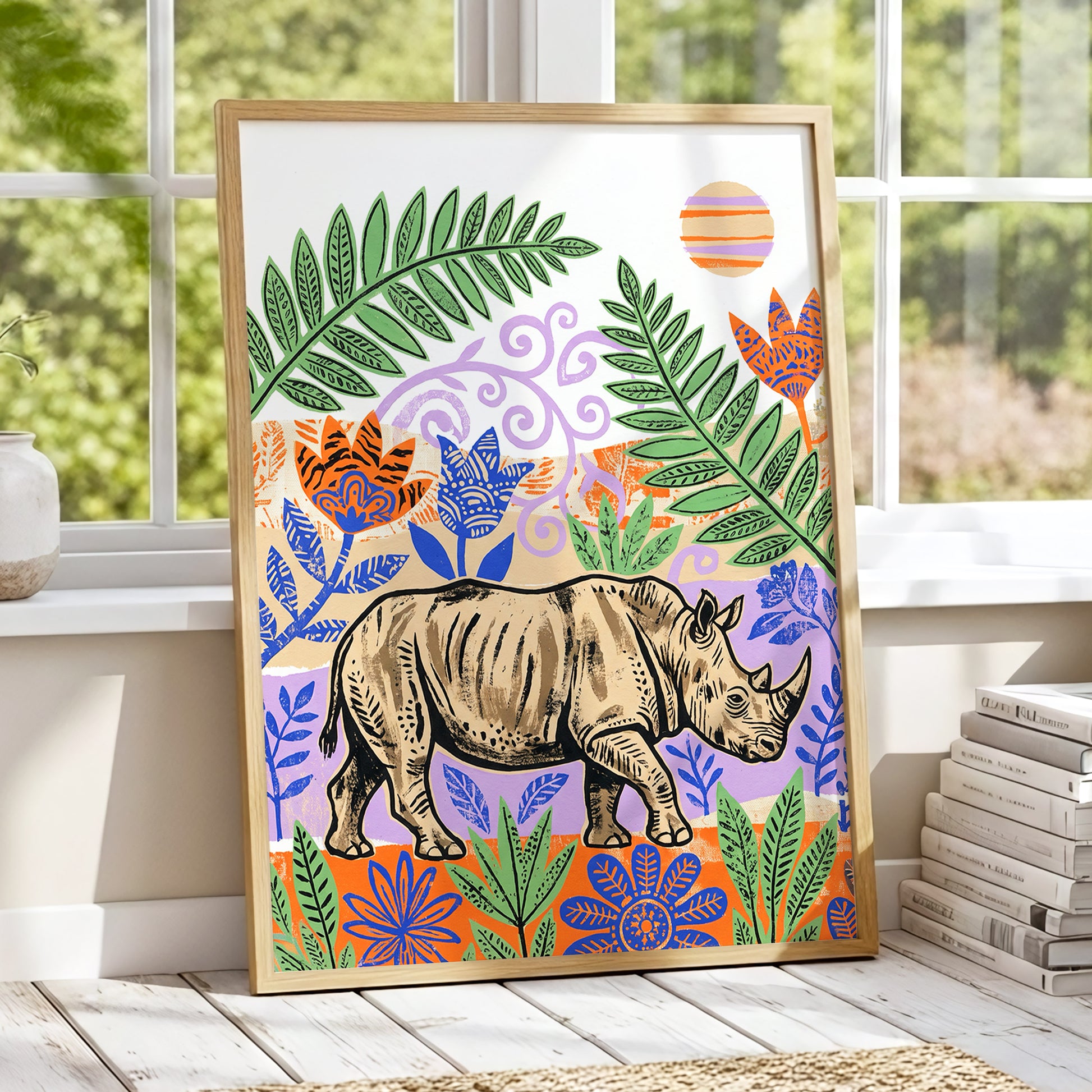 Rhino in a Wild Garden, beige, green, purple nature wall art displayed in a styled interior, gallery view 2