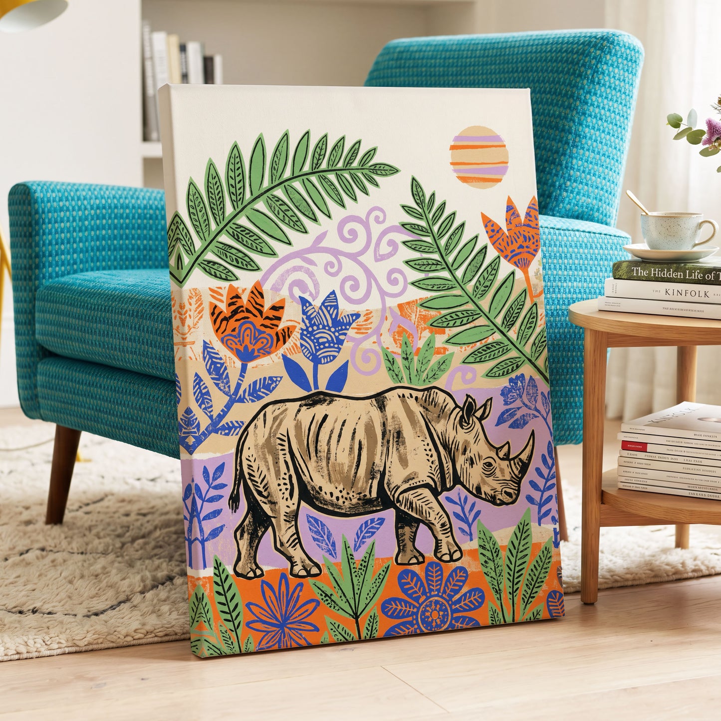 Rhino in a Wild Garden, beige, green, purple nature wall art displayed in a styled interior, gallery view 3