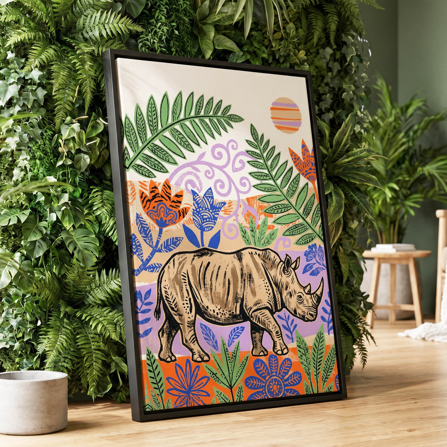 Rhino in a Wild Garden, beige, green, purple nature wall art displayed in a styled interior, gallery view 4