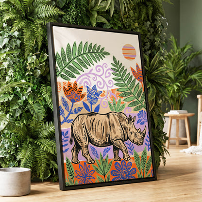 Rhino in a Wild Garden, beige, green, purple nature wall art displayed in a styled interior, gallery view 4