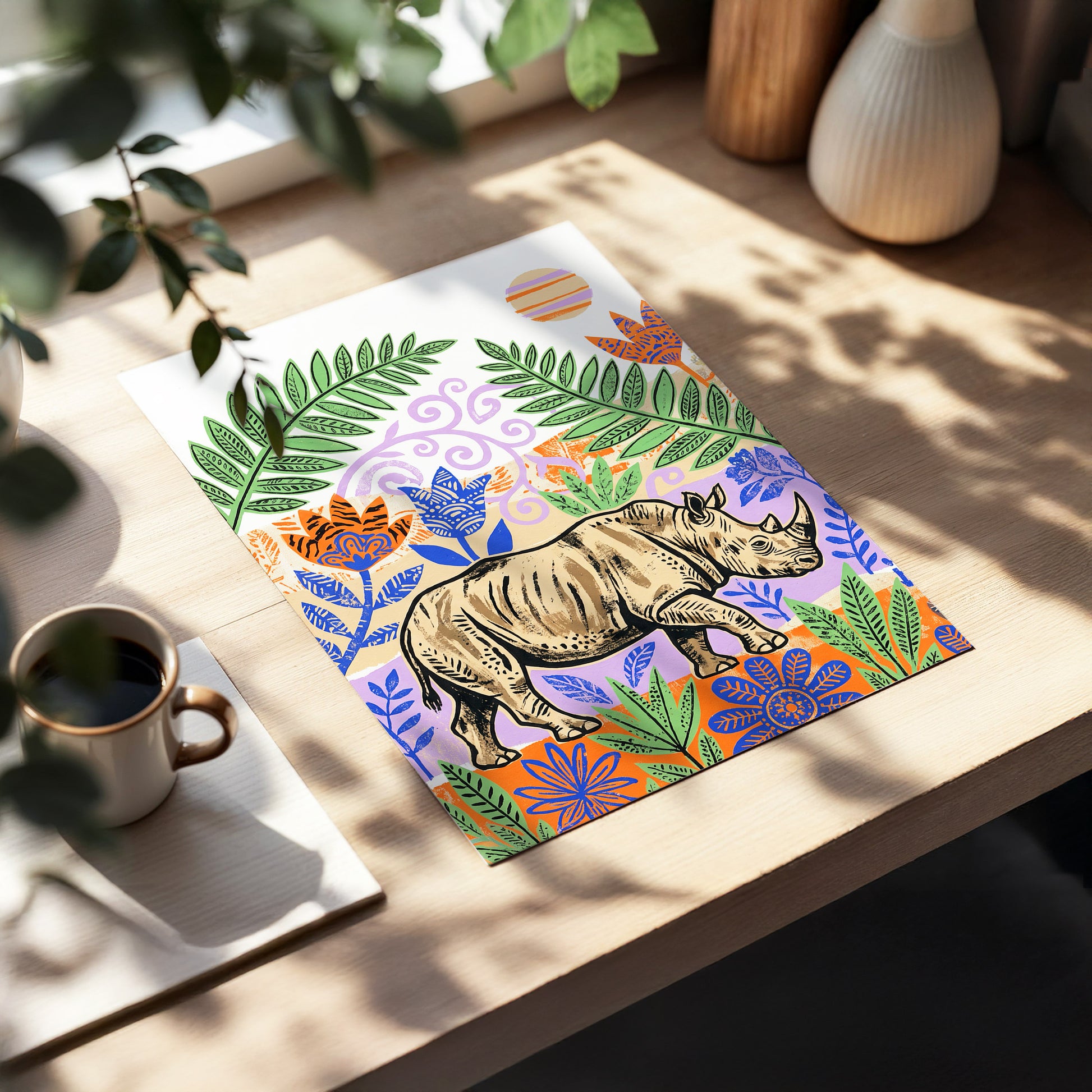 Rhino in a Wild Garden, beige, green, purple nature wall art displayed in a styled interior, gallery view 5