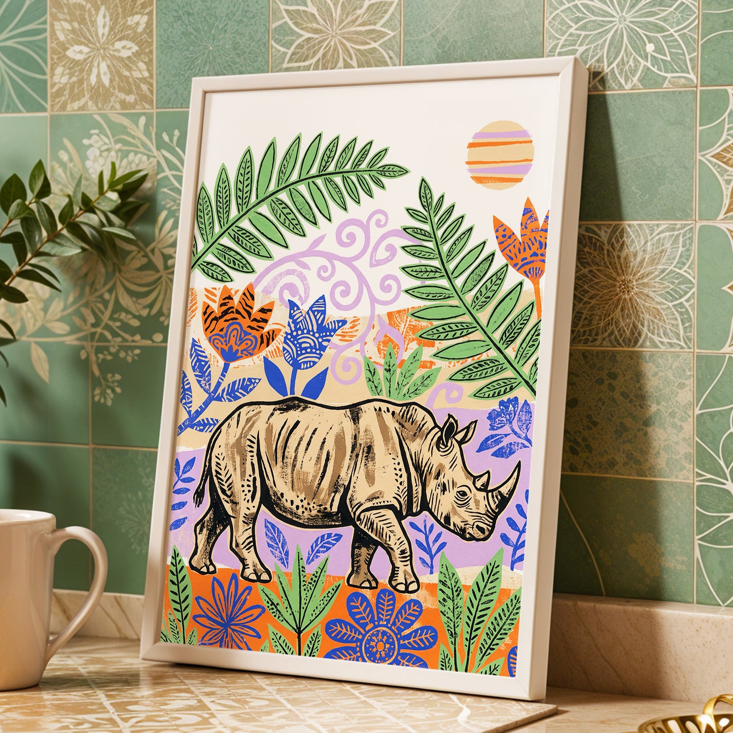 Rhino in a Wild Garden, beige, green, purple nature wall art displayed in a styled interior, gallery view 6
