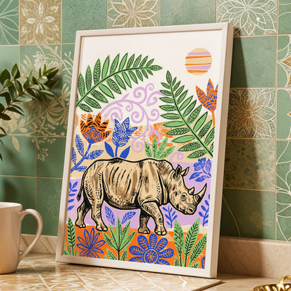 Rhino in a Wild Garden, beige, green, purple nature wall art displayed in a styled interior, gallery view 6