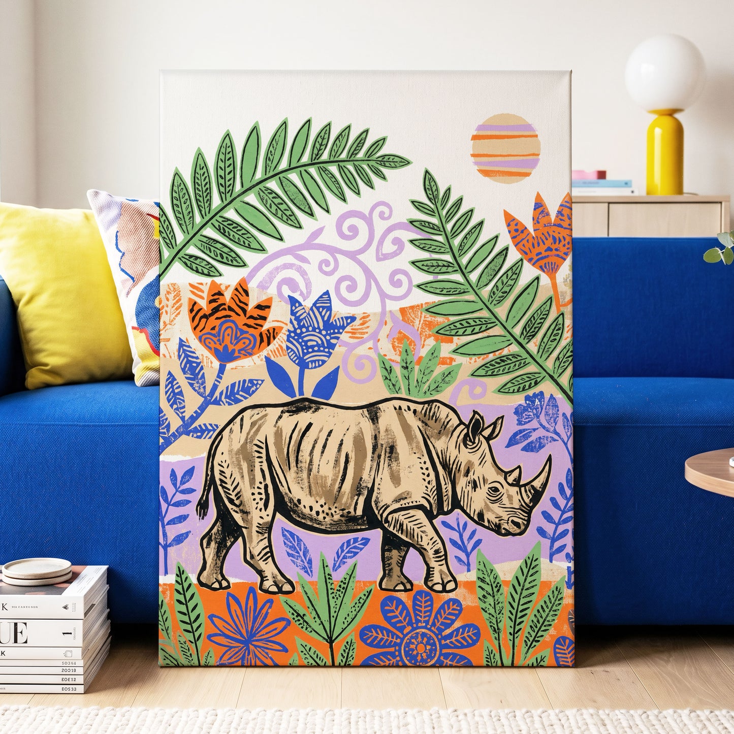 Rhino in a Wild Garden, beige, green, purple nature wall art displayed in a styled interior, gallery view 7