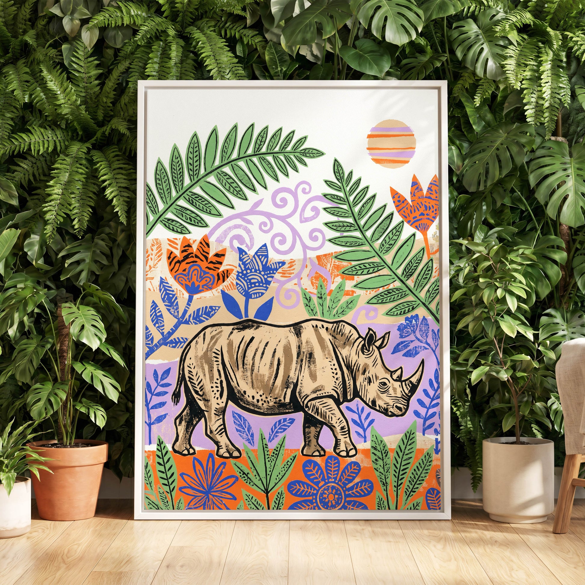 Rhino in a Wild Garden, beige, green, purple nature wall art displayed in a styled interior, gallery view 8