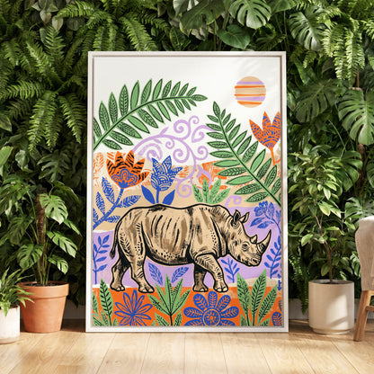 Rhino in a Wild Garden, beige, green, purple nature wall art displayed in a styled interior, gallery view 8