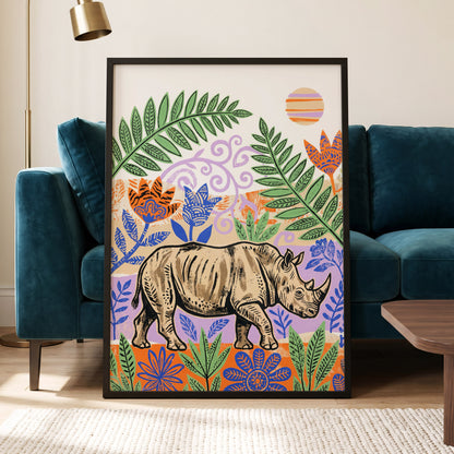 Rhino in a Wild Garden, beige, green, purple nature wall art displayed in a styled interior, gallery view 9