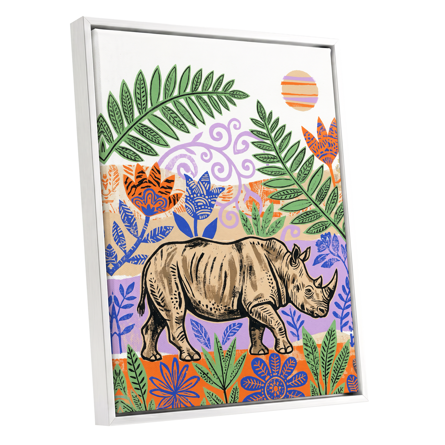 Rhino in a Wild Garden, beige, green, purple nature wall art shown as a white framed canvas wall art