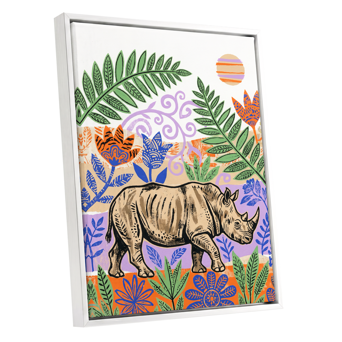 Rhino in a Wild Garden, beige, green, purple nature wall art shown as a white framed canvas wall art