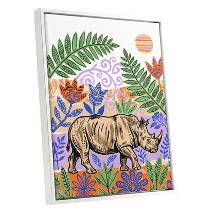 Rhino in a Wild Garden, beige, green, purple nature wall art shown as a white framed canvas wall art
