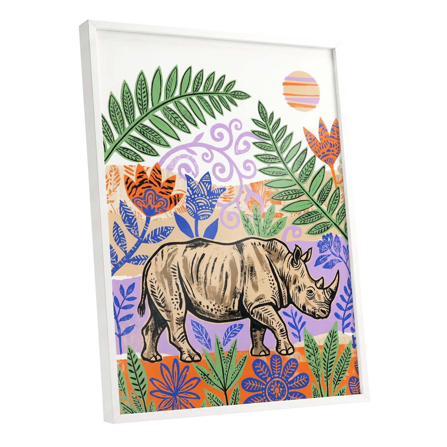 Rhino in a Wild Garden, beige, green, purple nature wall art shown as a white framed poster wall art print