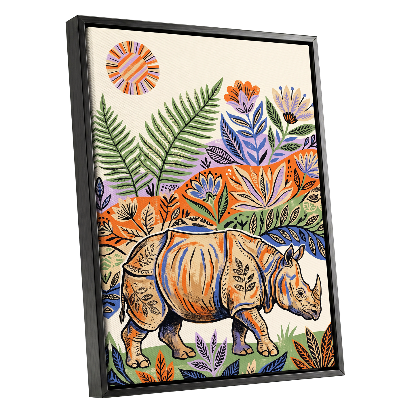 Rhino in Bloom, orange, green, beige nature wall art shown as a black framed canvas wall art