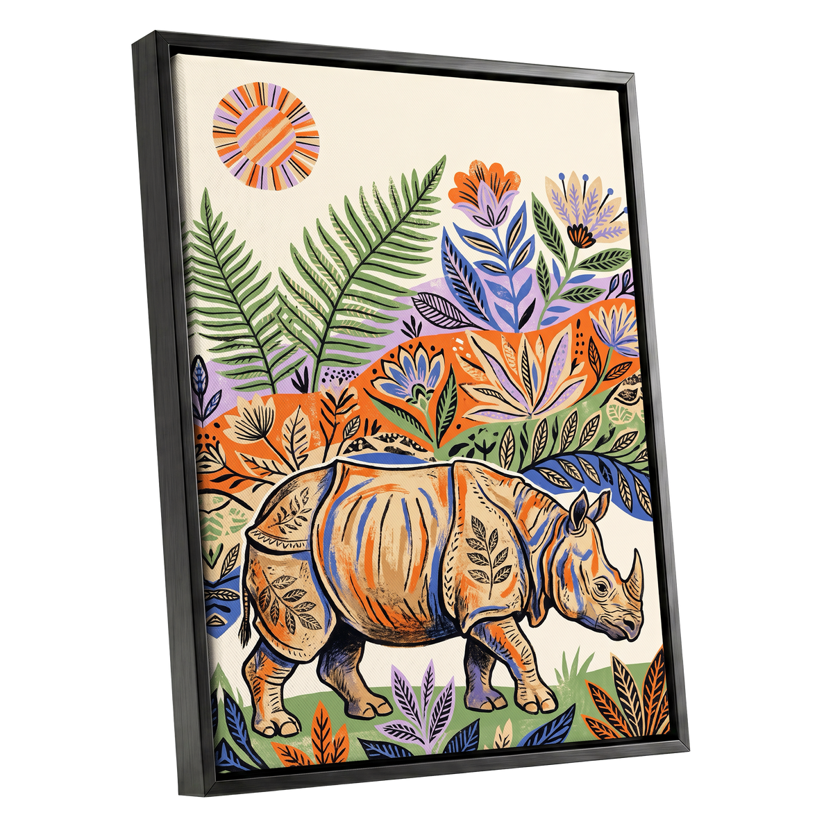 Rhino in Bloom, orange, green, beige nature wall art shown as a black framed canvas wall art