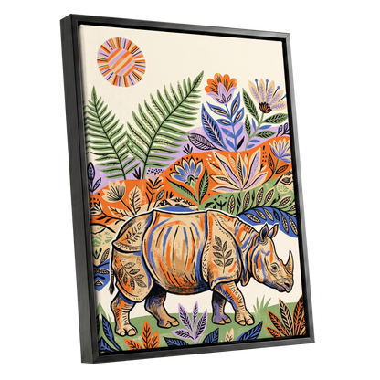 Rhino in Bloom, orange, green, beige nature wall art shown as a black framed canvas wall art