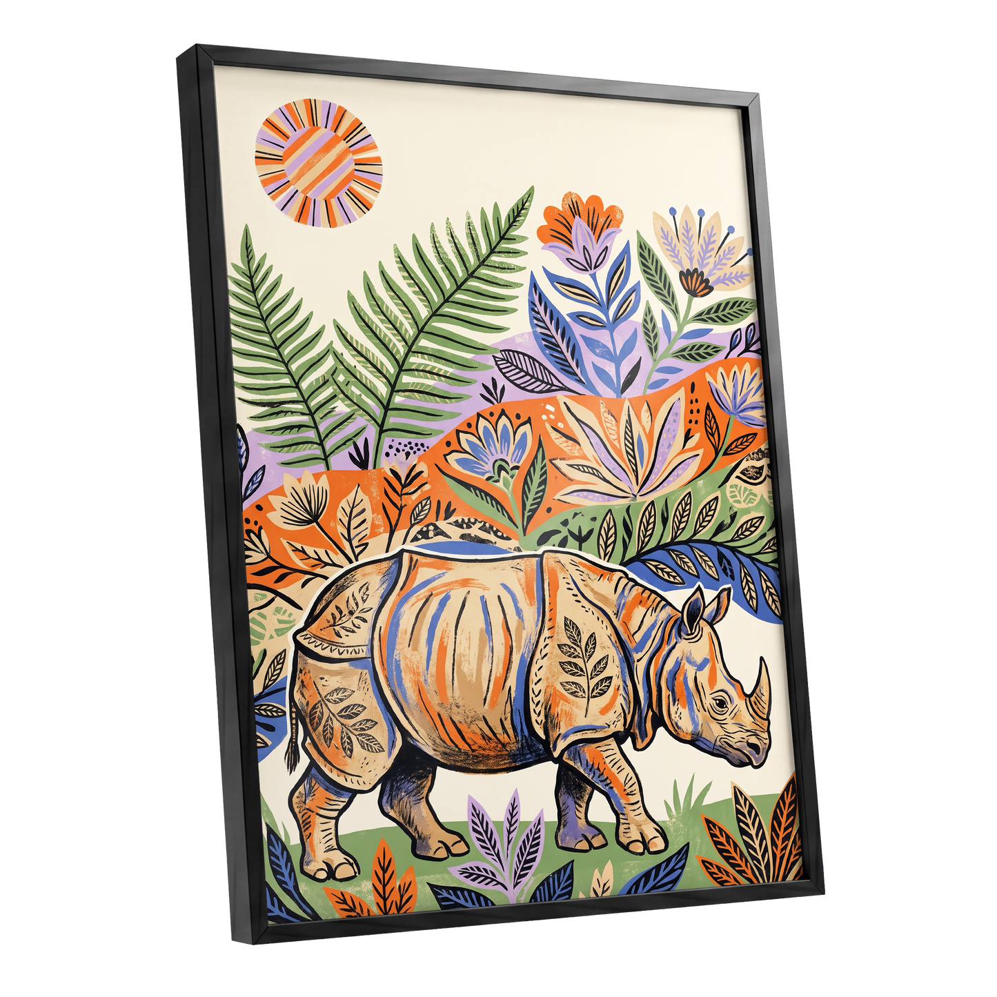 Rhino in Bloom, orange, green, beige nature wall art shown as a black framed poster wall art print