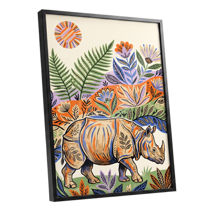 Rhino in Bloom, orange, green, beige nature wall art shown as a black framed poster wall art print