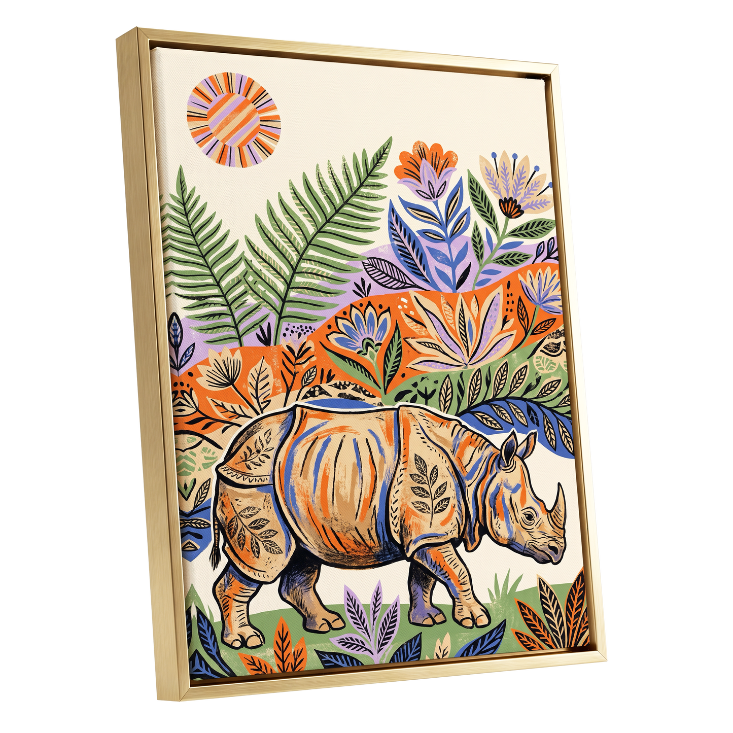 Rhino in Bloom, orange, green, beige nature wall art shown as a gold framed canvas wall art