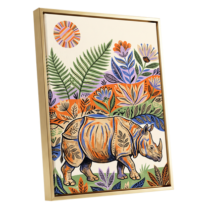 Rhino in Bloom, orange, green, beige nature wall art shown as a gold framed canvas wall art
